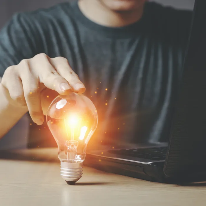 person touching a lightbulb while on their computer