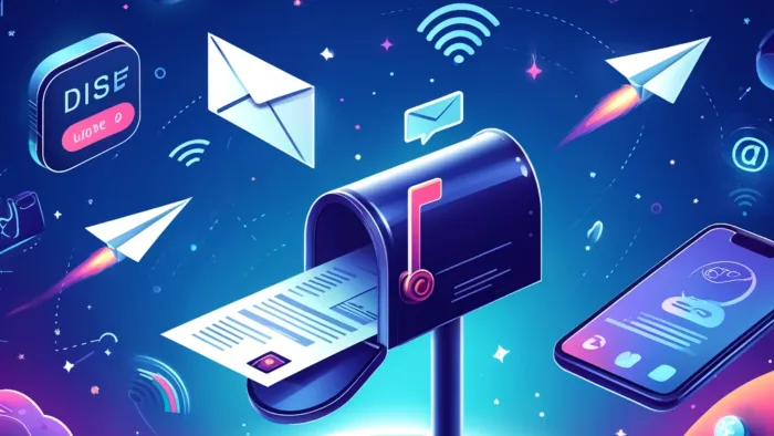 A playful yet professional digital illustration of a raccoon astronaut floating in space, peering through a sleek telescope toward a glowing planet labeled 'Your Website.' The raccoon carries a mailbag filled with colorful postcards. Digital footprints lead from the planet, with floating browser and email icons nearby. In the background, a futuristic spaceship launches a glowing postcard like a satellite. A rocket-shaped mailbox sits on a nearby moon. The color palette features soft teals, blues, and accents of yellow and pink, creating a clean, tech-savvy, and friendly visual tone.