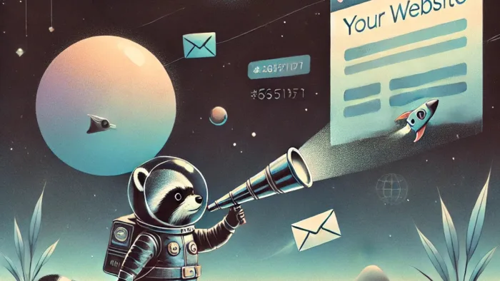 A playful yet professional digital illustration of a raccoon astronaut floating in space, peering through a sleek telescope toward a glowing planet labeled 'Your Website.' The raccoon carries a mailbag filled with colorful postcards. Digital footprints lead from the planet, with floating browser and email icons nearby. In the background, a futuristic spaceship launches a glowing postcard like a satellite. A rocket-shaped mailbox sits on a nearby moon. The color palette features soft teals, blues, and accents of yellow and pink, creating a clean, tech-savvy, and friendly visual tone.